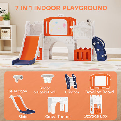 7 in 1 Toddler Slide Set with Basketball Hoop, Climbing Frame, Telescope, Drawing Board, Storage Box, Orange