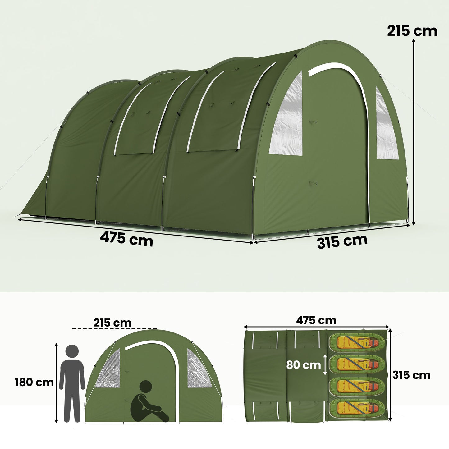 4 Man Camping Tent with 2 Room, Floor and Carry Bag - Green