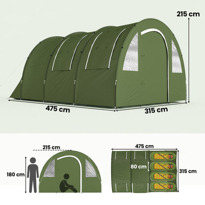 4 Man Camping Tent with 2 Room, Floor and Carry Bag - Green