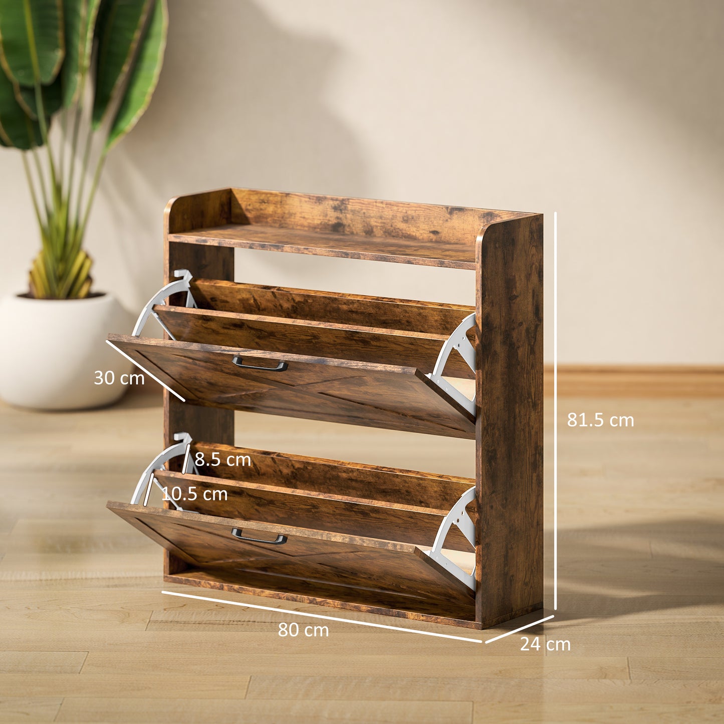 Two Flip Drawer Narrow Shoe Cabinet with Adjustable Shelves - Rustic Brown