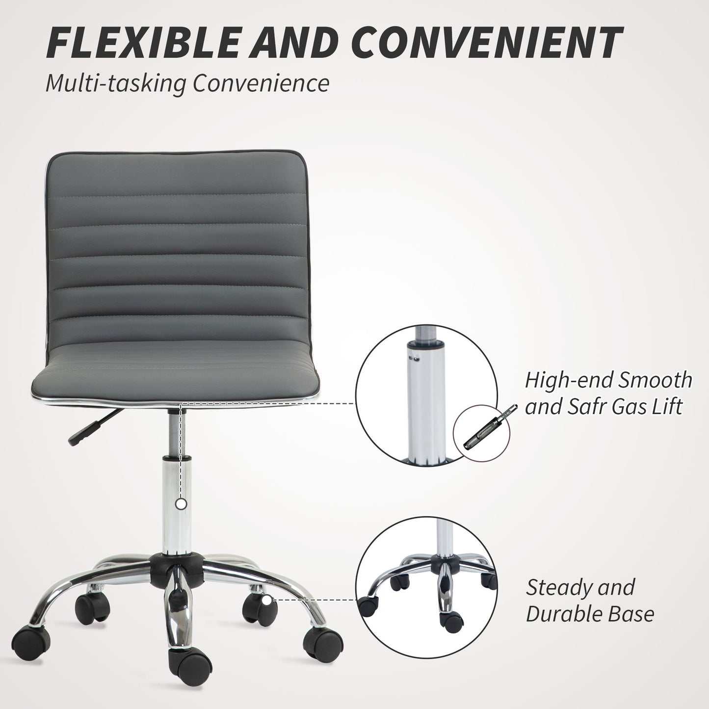 Armless Task Desk Chair, Swivel Office Chair with Faux Leather, Adjustable Seat Height, Chrome Base, Wheels for Home