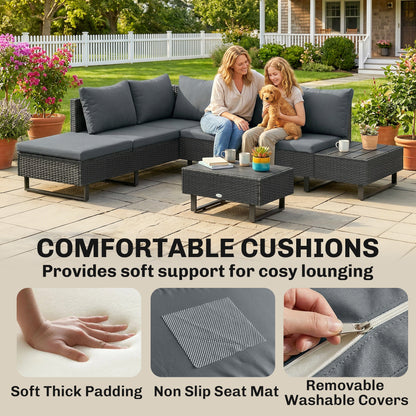 5 Seater Rattan Garden Furniture Set, L Shaped Garden Corner Sofa, Adjustable Back, Faux Wood Table, Dark Grey