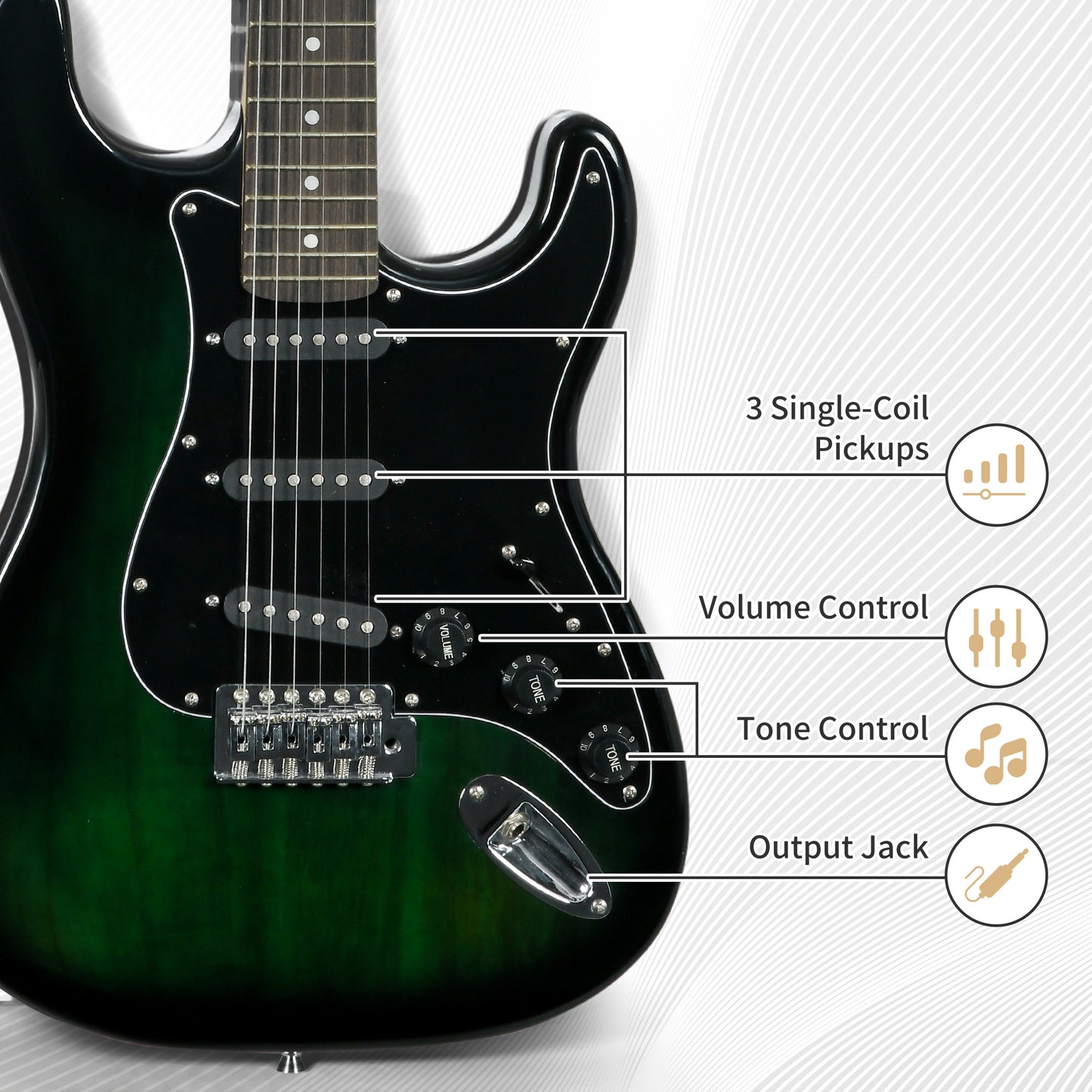 Six-String Electric Guitar, with 15W Amplifier, Digital Turner, Picks, Shoulder Strap, Case Bag - Dark Green