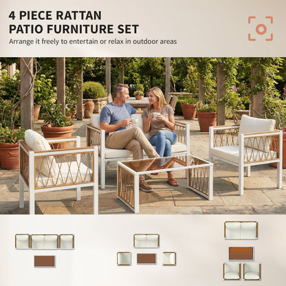 4 Piece Rattan Garden Furniture Set with Loveseat, 2 Armchairs, Cream White