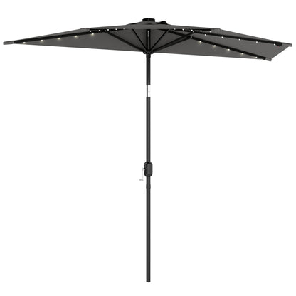 2.6 m Half Garden Parasol with Solar LED Lights, UPF50+ Semi Round Umbrella with 30° Tilt, Crank Handle, Dark Grey