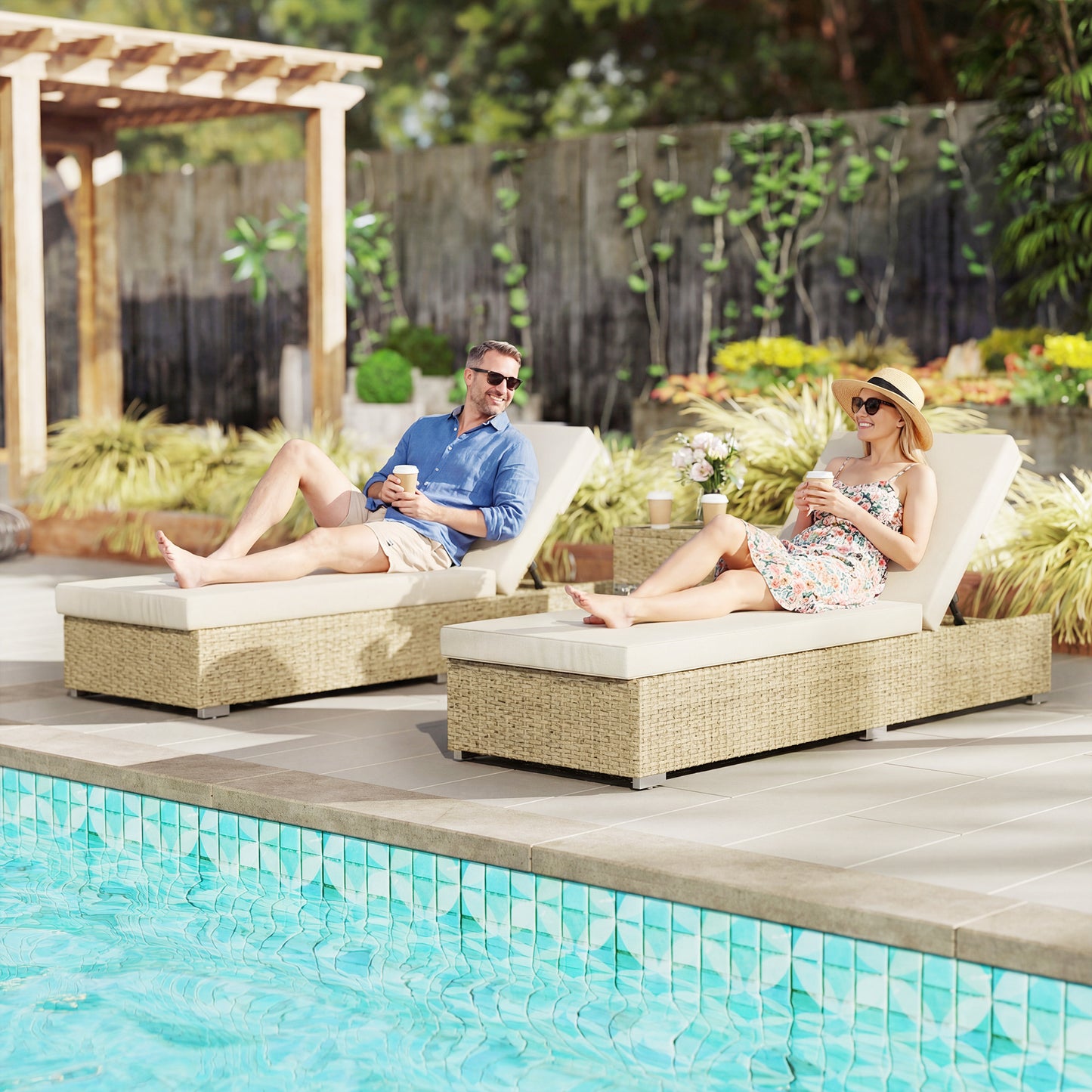 Rattan Sun Loungers Set of 2 with Side Table, Garden Recliner Sunbeds with Adjustable Back, Cushions, Beige
