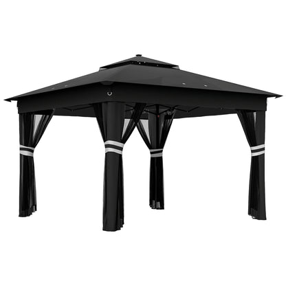 3.36 x 3.36m Pop Up Gazebo Party Tent with Solar-Powered LED Lights, Adjustable Event Shelter with Netting, Black
