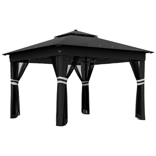 3.36 x 3.36m Pop Up Gazebo Party Tent with Solar-Powered LED Lights, Adjustable Event Shelter with Netting, Black