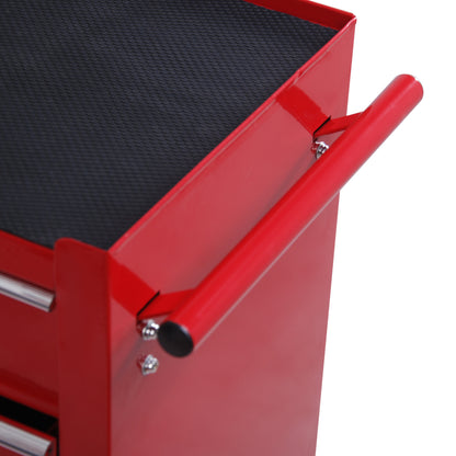 5 Drawer Tool Box on Wheels, Lockable Steel Tool Cabinet with Side Handle, Red