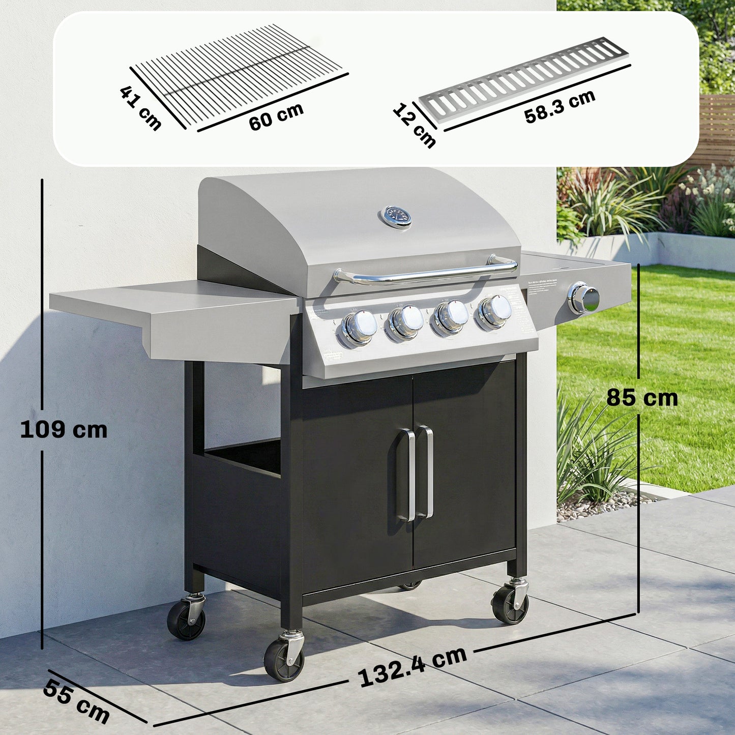 4+1 Burner Gas BBQ Grill with Side Burner, 14.5 kW Steel Portable Gas Barbecue Grill with Built-in Thermometer, Lid