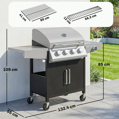4+1 Burner Gas BBQ Grill with Side Burner, 14.5 kW Steel Portable Gas Barbecue Grill with Built-in Thermometer, Lid