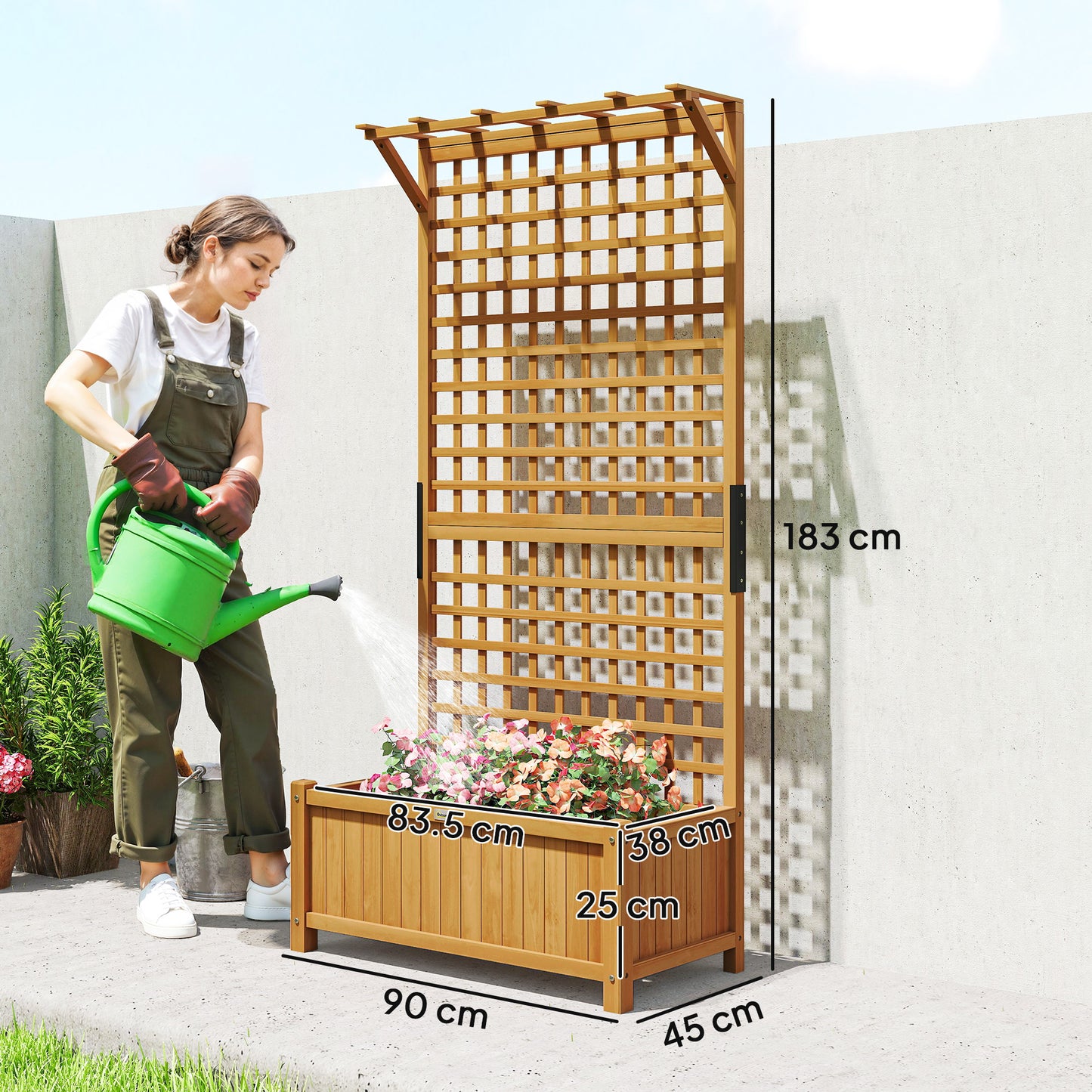 Raised Bed with Drainage Holes, Wood Planter with Trellis for Climbing Plants to Grow Vegetables, Flowers, Yellow