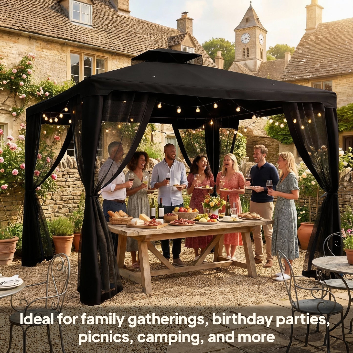 3 x 3 m Metal Gazebo, Garden Pavillion, Double Roof Outdoor Canopy Shelter with Mesh Sidewalls, Black