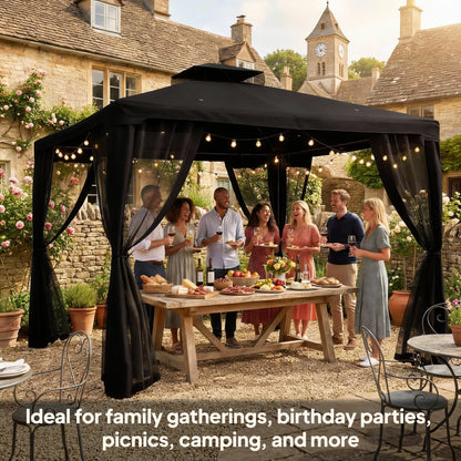 3 x 3 m Metal Gazebo, Garden Pavillion, Double Roof Outdoor Canopy Shelter with Mesh Sidewalls, Black
