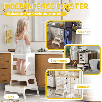 2-in-1 Toddler Tower with Chalkboard, Safety Rail for Kitchen, Counter, Bathroom, Sink, White