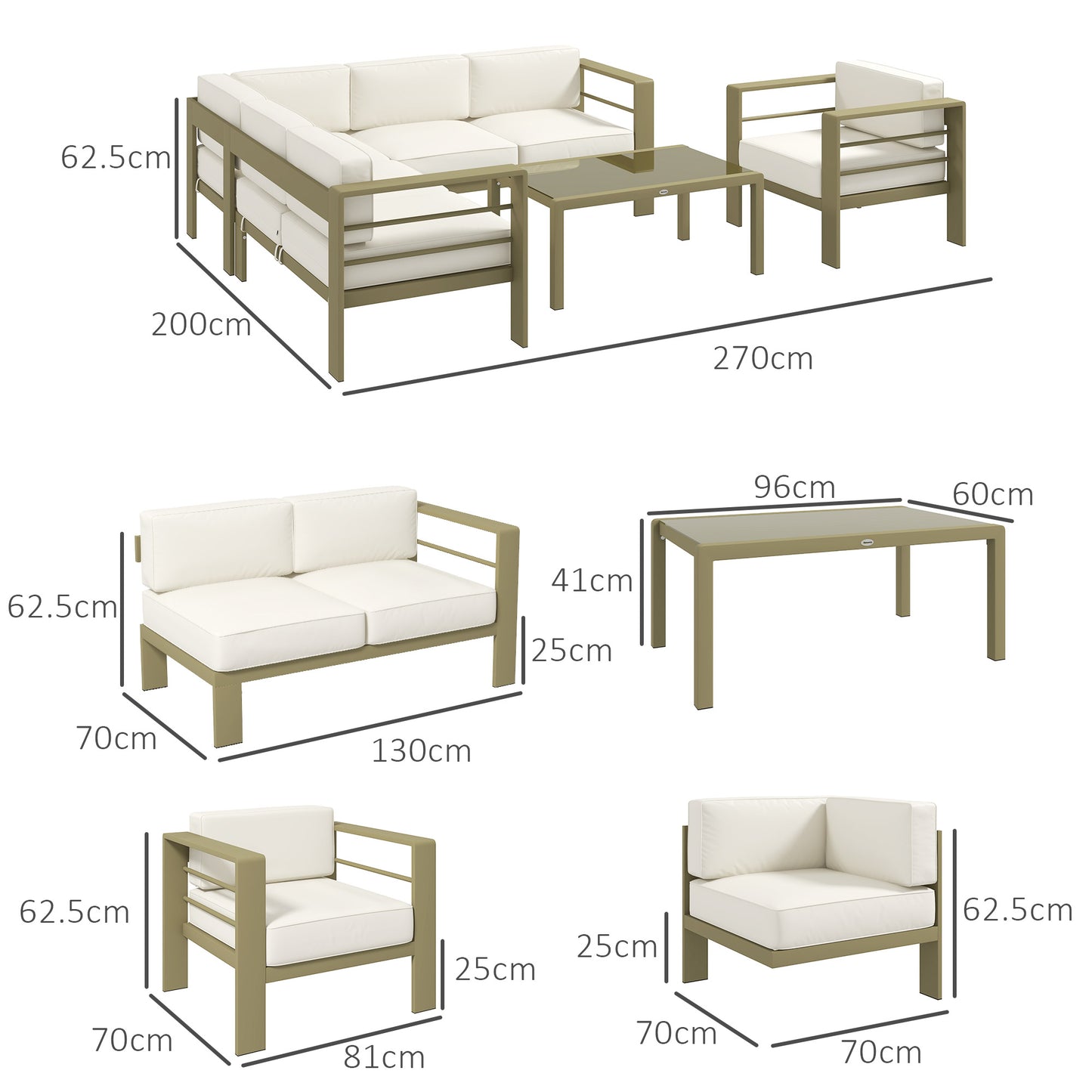 5-Piece Garden Corner Sofa Set with Cushions, 6 Seater Aluminium Garden Furniture Set with Glass Top Coffee Table