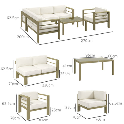 5-Piece Garden Corner Sofa Set with Cushions, 6 Seater Aluminium Garden Furniture Set with Glass Top Coffee Table