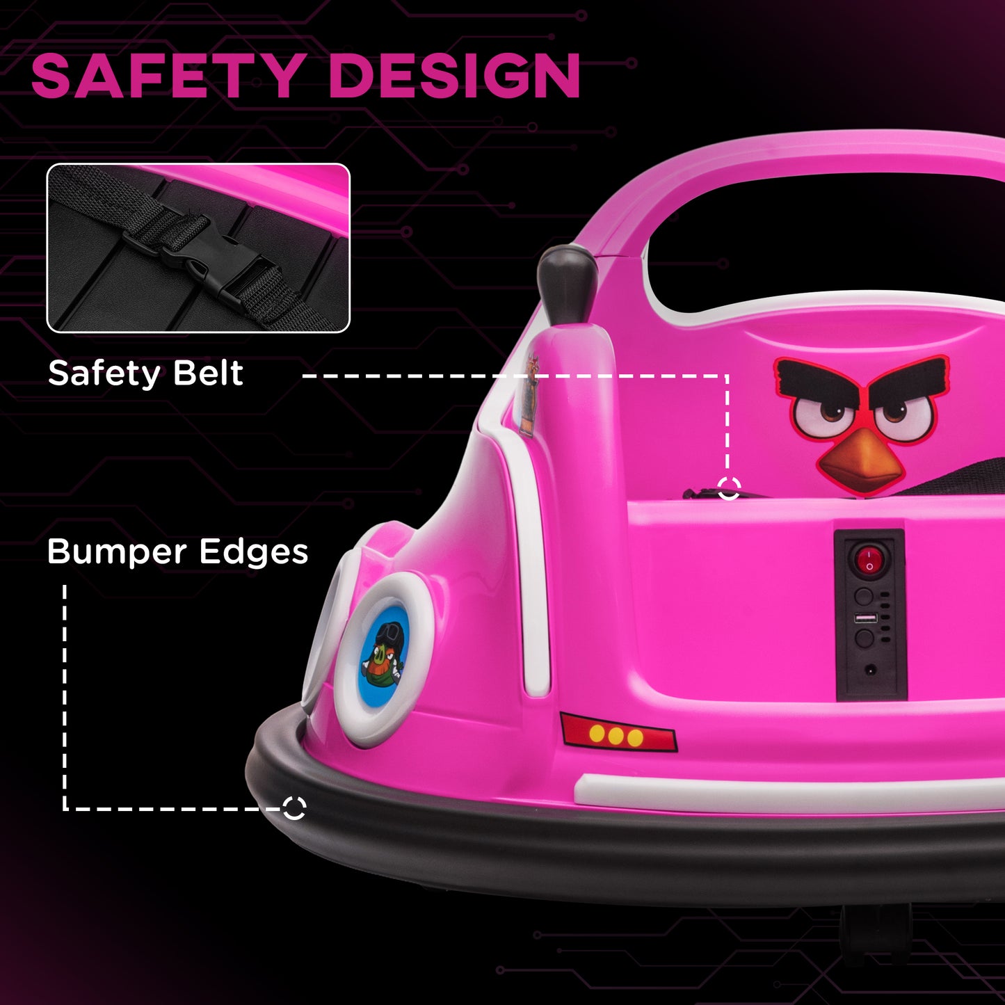 Angry Bird Licensed Waltzer Car, 12V Kids Bumper Car w/ Joysticks, Remote, Music LED Lights, Pink