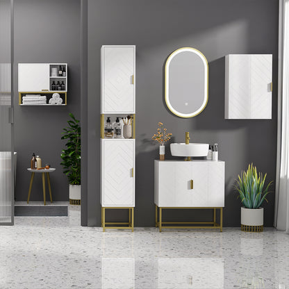 Narrow Bathroom Storage Cabinet, Freestanding Tallboy Storage Unit with Adjustable Shelf, 2 Doors and Steel Base