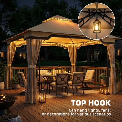 3.3 x 3.3 m Outdoor Garden Gazebo with Post Shelves, UPF50+ Patio Permanent Pavilion with Hook, Khaki