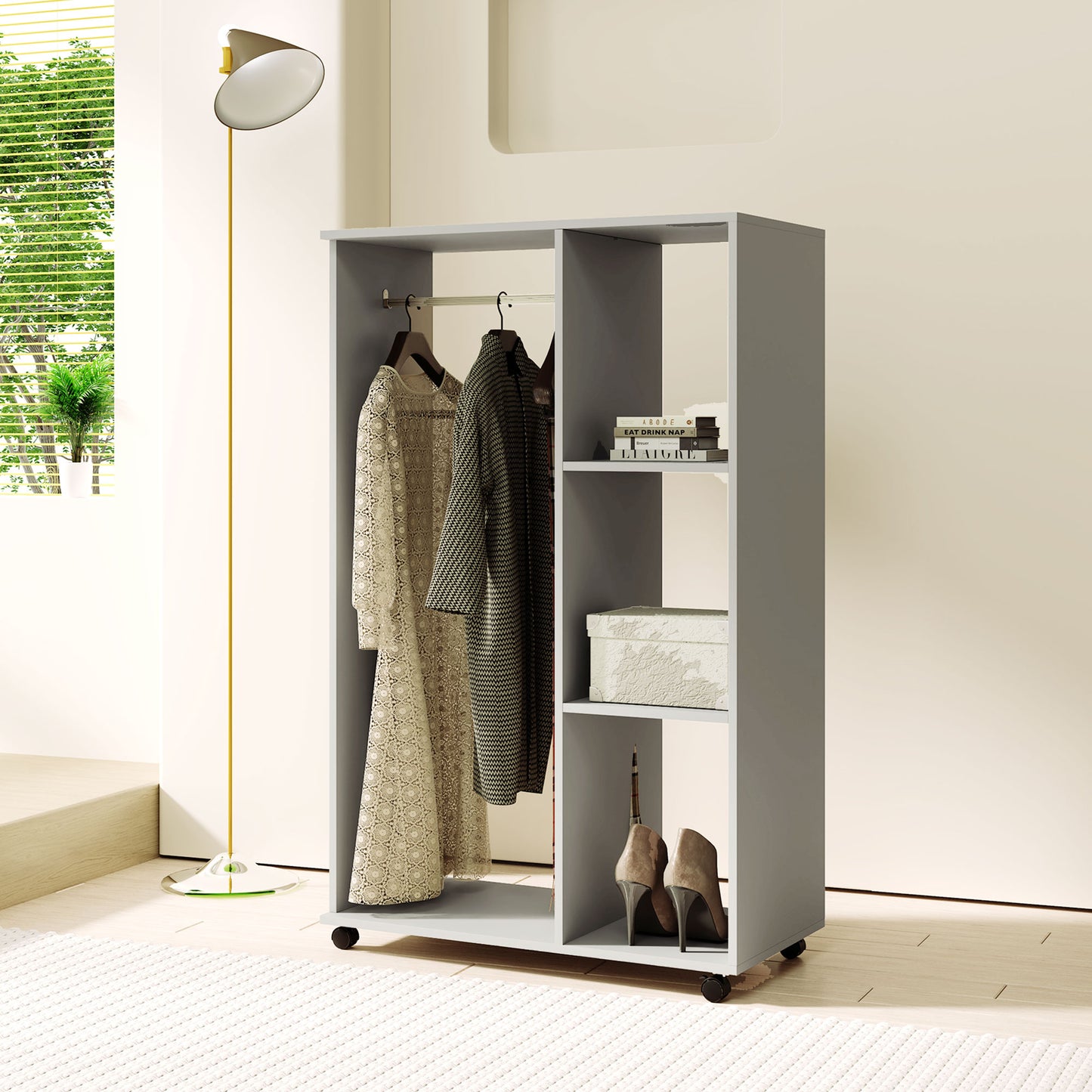 Open Wardrobe on Wheels, Bedroom Wardrobe with Clothes Hanging Rail, 3 Storage Shelves, Mobile Garment Rack for Cloakroom