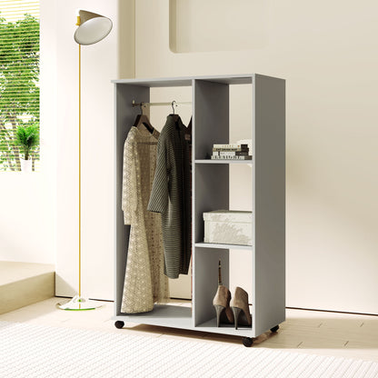 Open Wardrobe on Wheels, Bedroom Wardrobe with Clothes Hanging Rail, 3 Storage Shelves, Mobile Garment Rack for Cloakroom