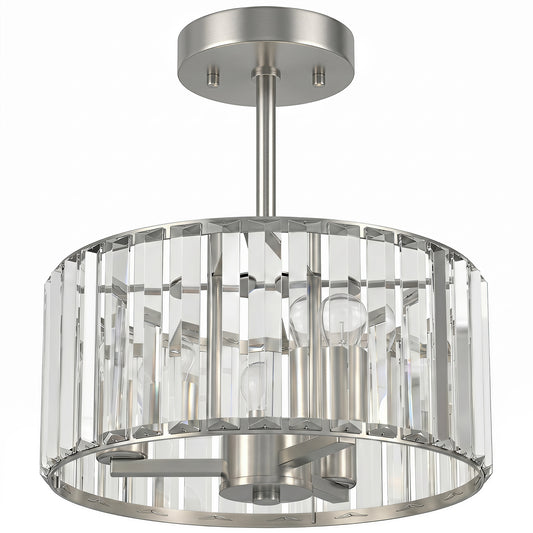 Semi Flush Mount Modern Crystal Chandelier Ceiling Light, Crystal Ceiling Light Fixture with E14 Base, Silver Tone