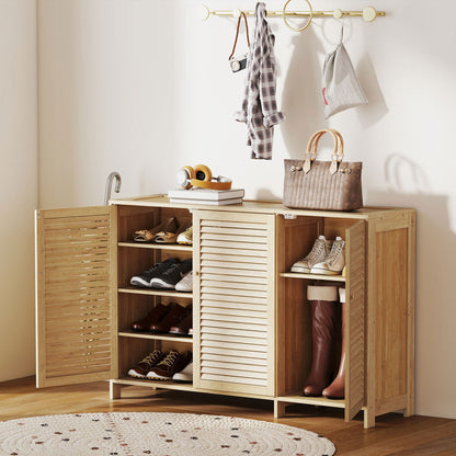 Bamboo Shoe Cabinet with Louvered Doors, 18 Pairs Shoe Storage Cabinet with Adjustable Shelves for Hallway, Natural