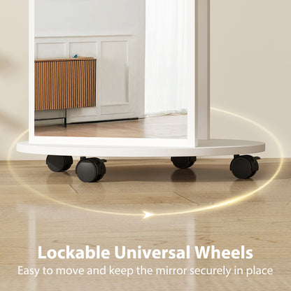 2-in-1 Full Length Mirror with Storage Shelves, Floor Mirror with 4 Wheels, Coat Rack, Hooks, White