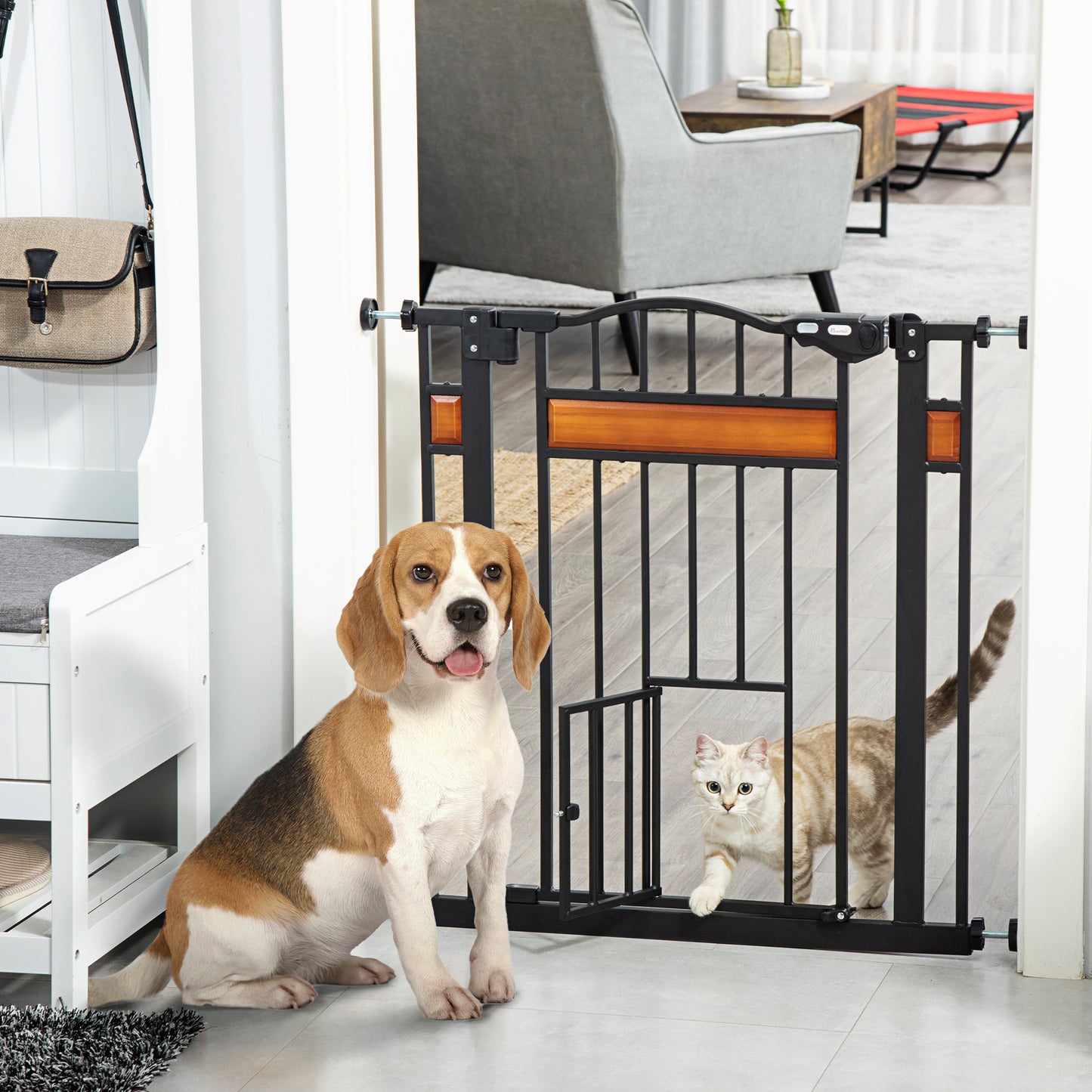 Pet Gate Safety Gate, with Cat Flap, Auto Close, for Staircases, Doorways, Hallways, 74-80cm Wide - Black