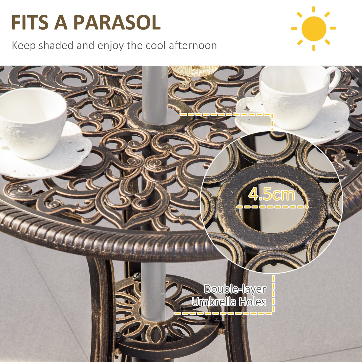 3pc Cast Aluminium Garden Bistro Set for 2 with Parasol Hole, Outdoor Coffee Table Set Rust Resistant with Cushions, Bronze