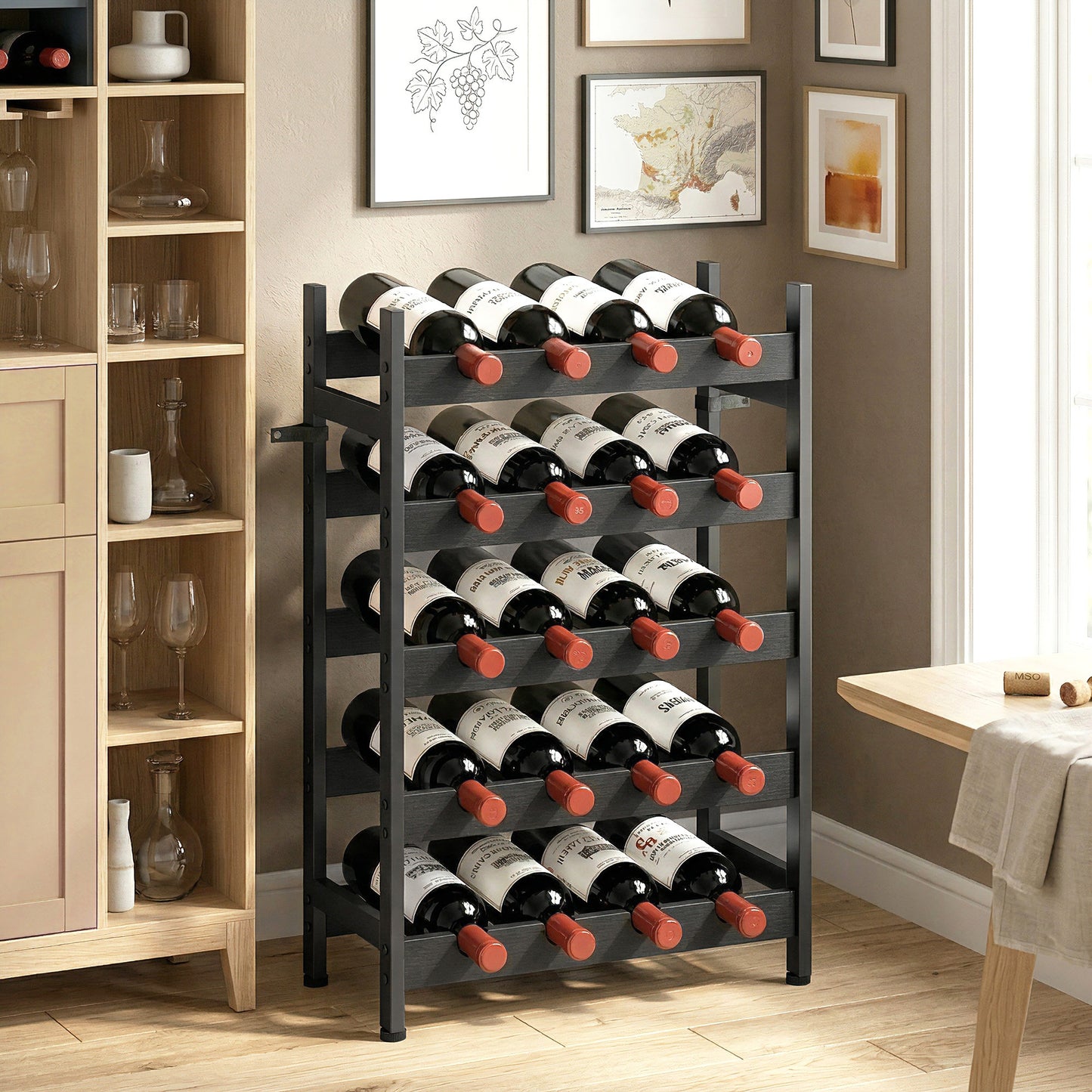 Wine Rack Freestanding Industrial Liquor Cabinet 5-Tier 20 Bottles Bar Stand with Adjustable Feet, Black