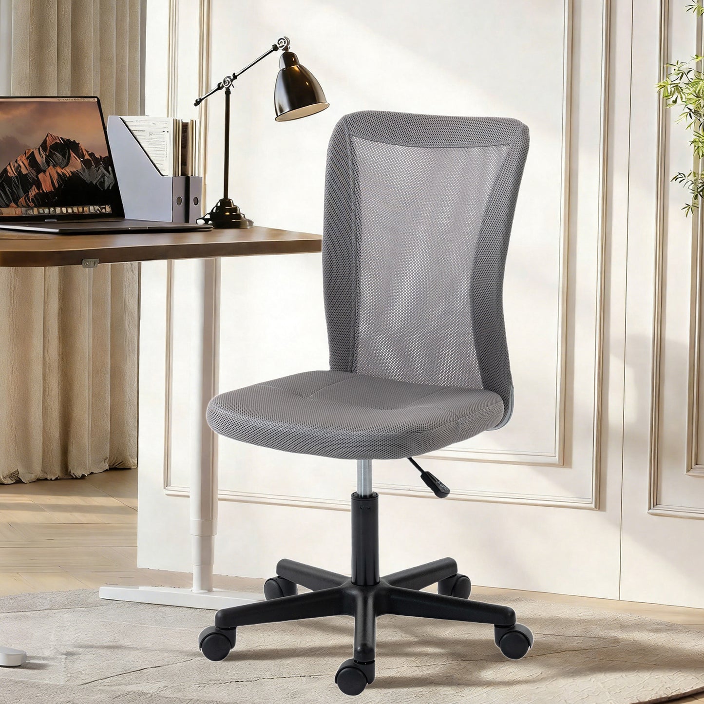 Computer Desk Chair, Mesh Office Chair with Adjustable Height and Swivel Wheels, Armless Study Chair, Grey