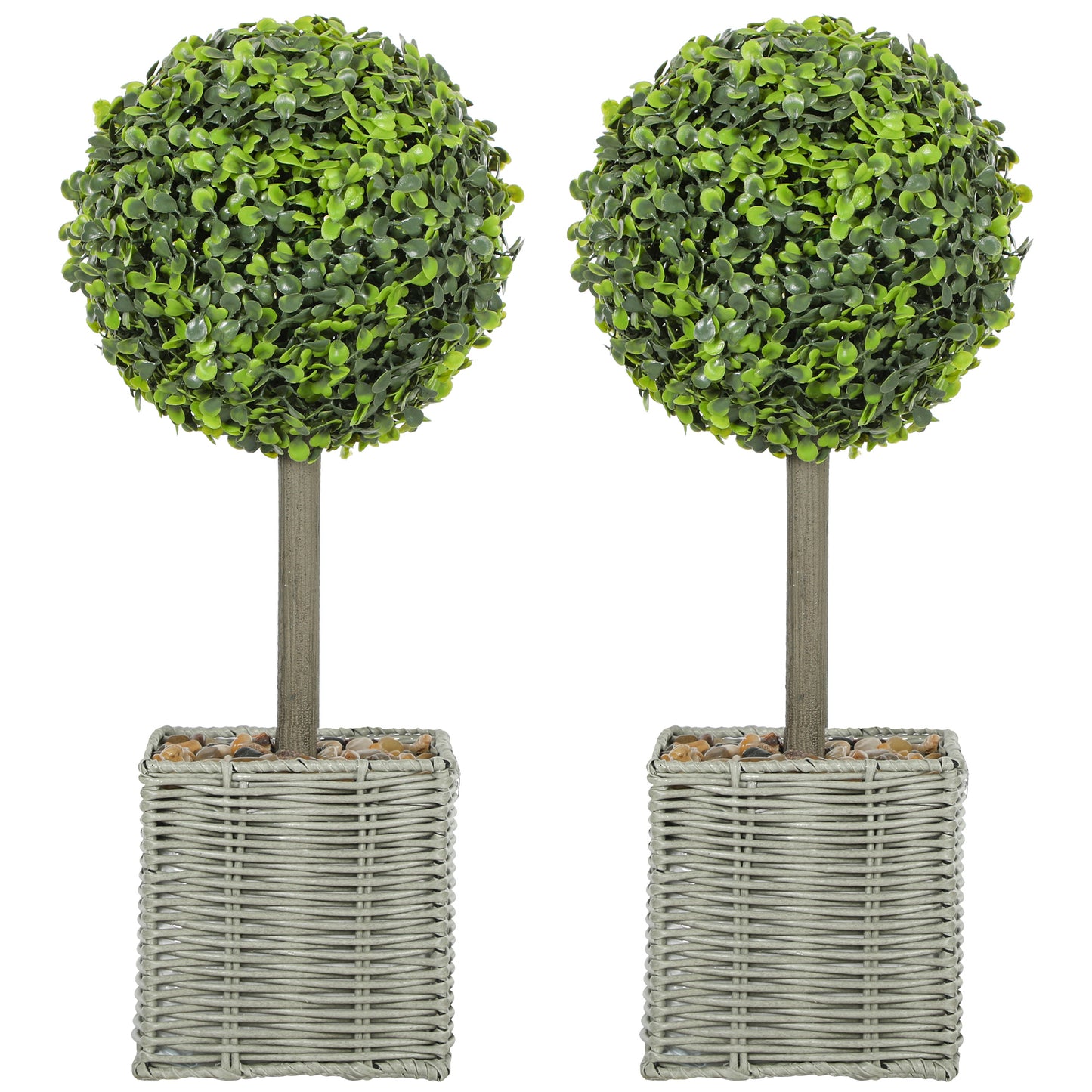 Set of 2 Decorative Artificial Plants, 50cm Faux Boxwood Topiary Balls with Woven Plastic Pot and Pebbles