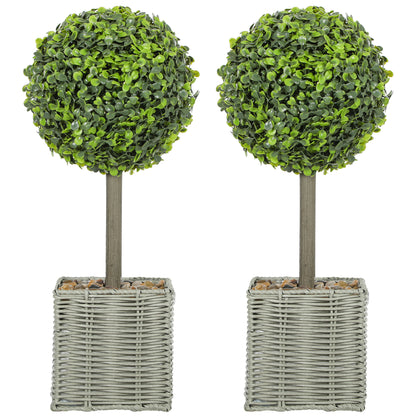 Set of 2 Decorative Artificial Plants, 50cm Faux Boxwood Topiary Balls with Woven Plastic Pot and Pebbles