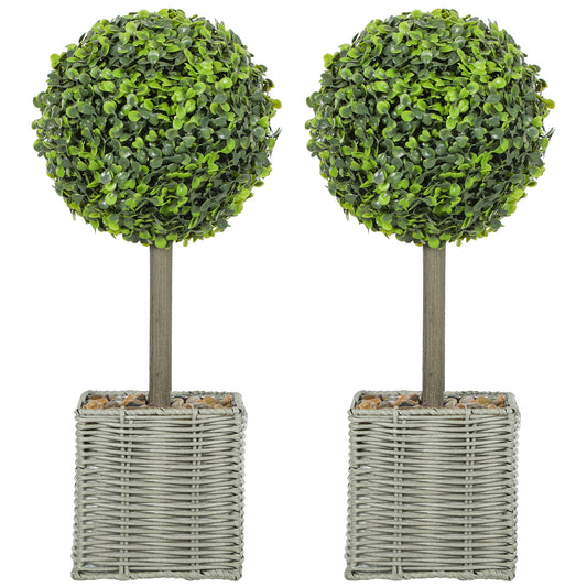 Set of 2 Decorative Artificial Plants, 50cm Faux Boxwood Topiary Balls with Woven Plastic Pot and Pebbles