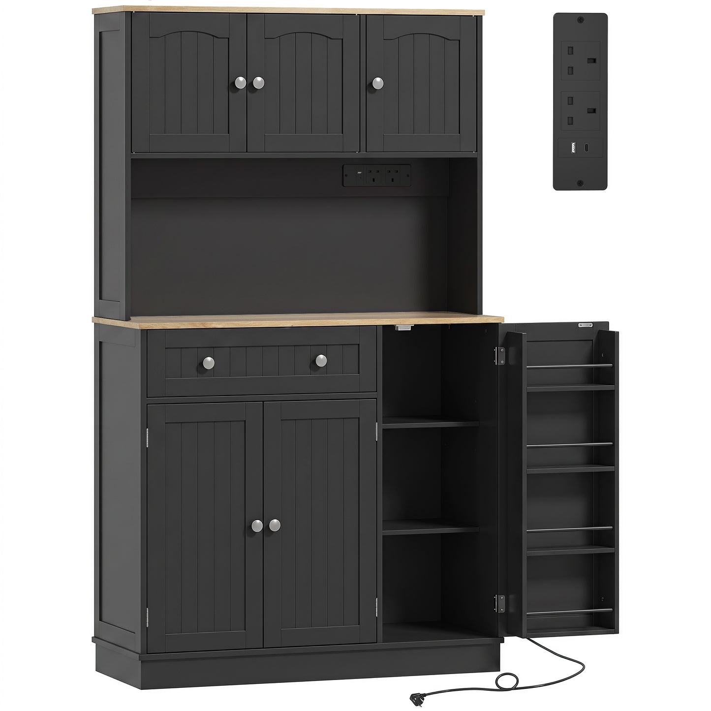 173 cm Tall Kitchen Cupboard with Charging Station, Pantry Storage Cabinet with Adjustable Shelves and 4 Door Racks