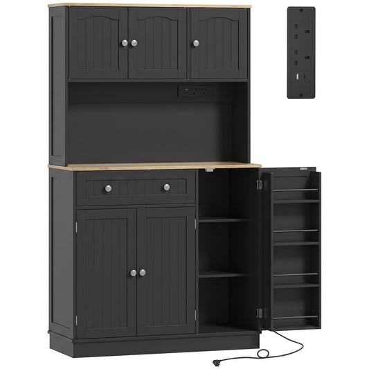 173 cm Tall Kitchen Cupboard with Charging Station, Pantry Storage Cabinet with Adjustable Shelves and 4 Door Racks