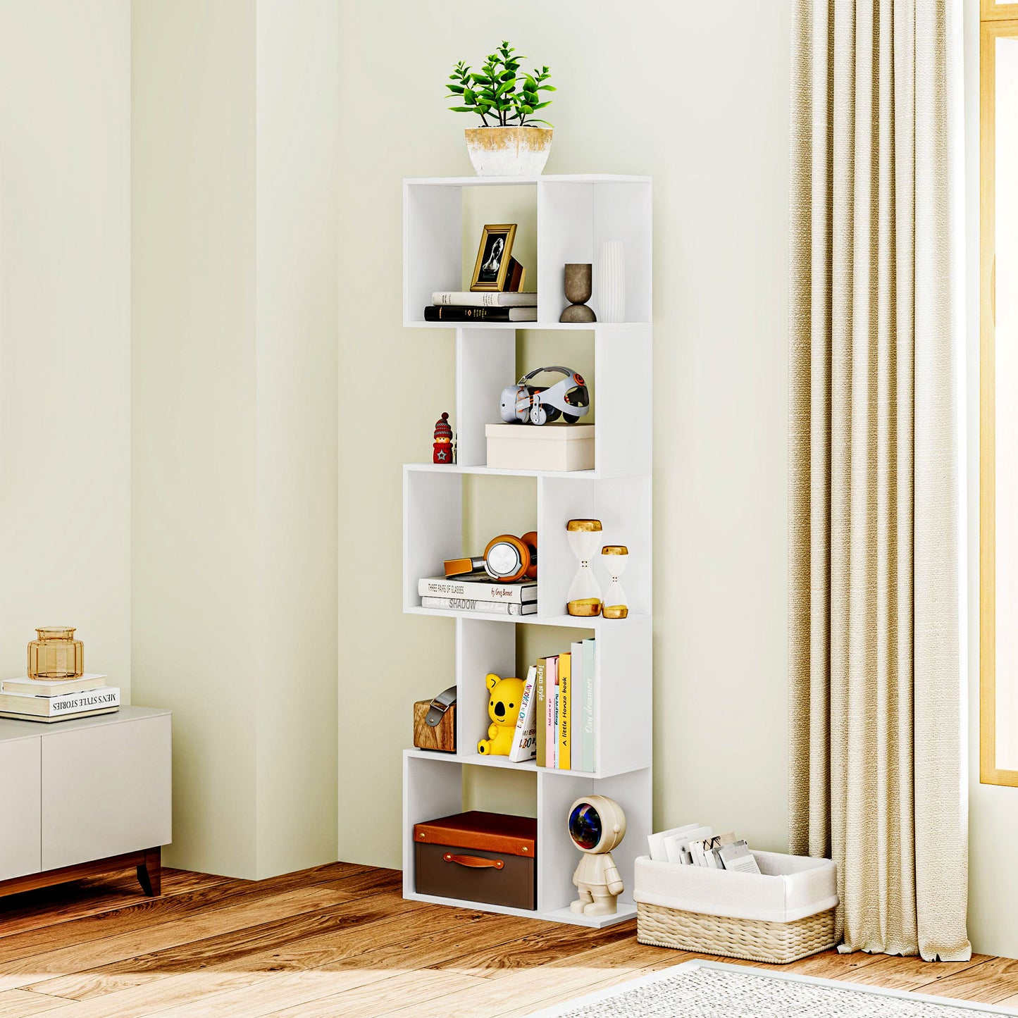 Bookcase, S-Shaped Wooden Bookshelf, 5 Tiers Freestanding Storage Shelf, Home Office Display Stand Rack, White