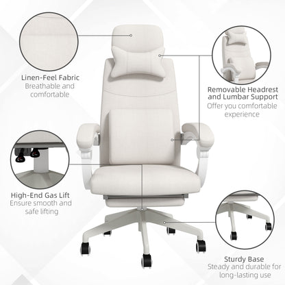 Linen-Look Office Chair, with 160° Reclining Back and Footrest - White