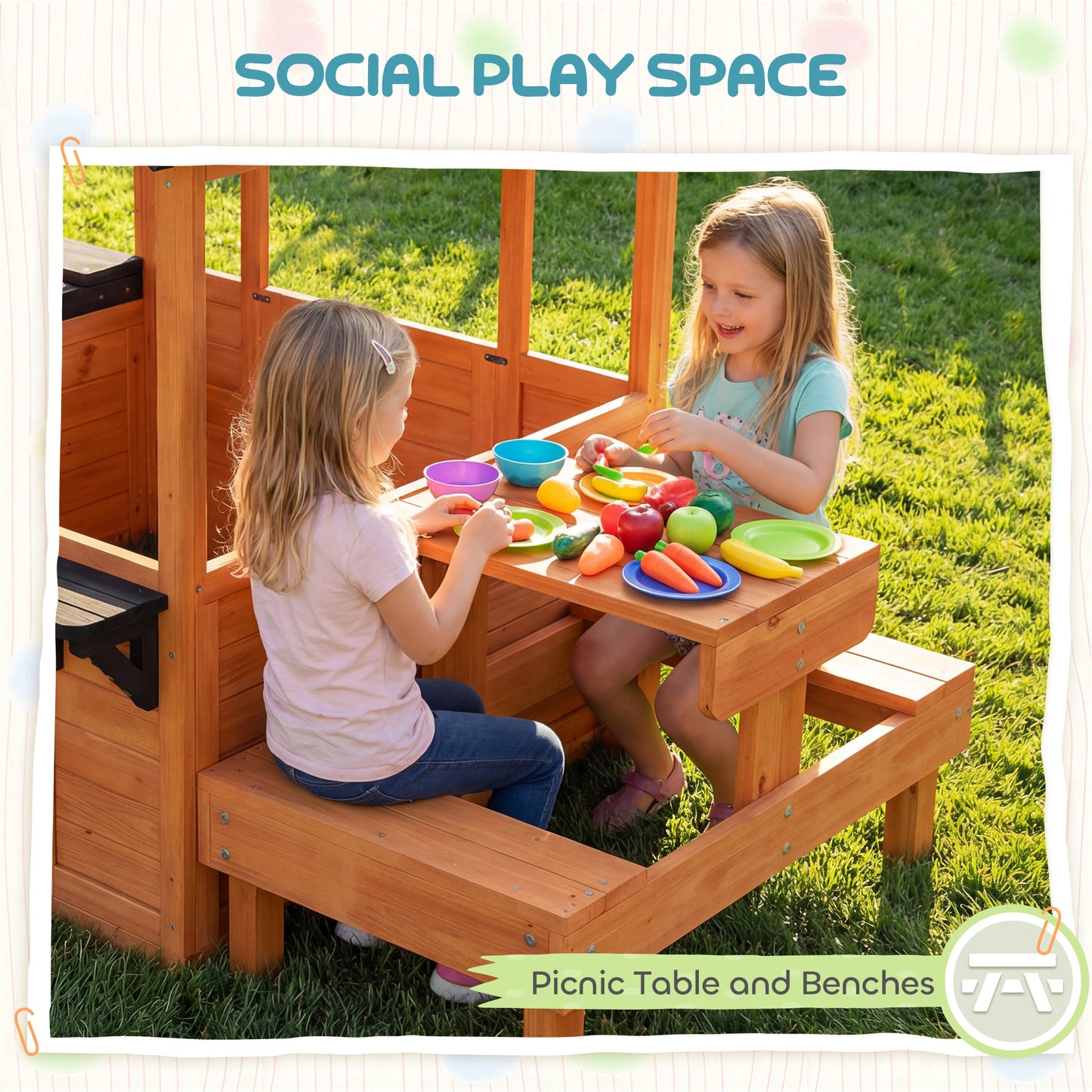 Wooden Playhouse Playhouse for Kids with Table, Benches, Sink Table, Windows, Flowerpot Holders, for Ages 3-8, Brown