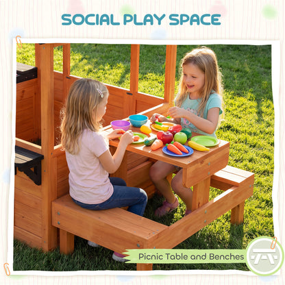 Wooden Playhouse Playhouse for Kids with Table, Benches, Sink Table, Windows, Flowerpot Holders, for Ages 3-8, Brown