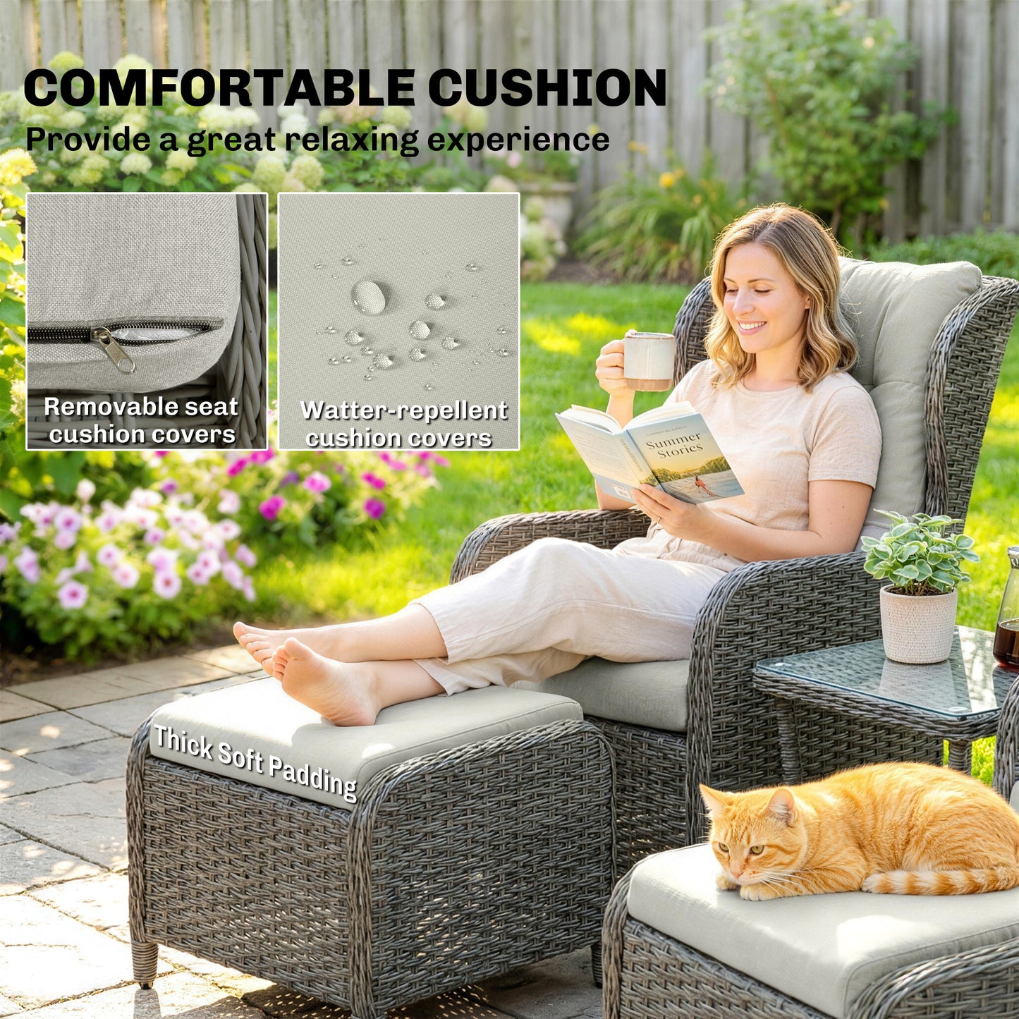 Rattan Reclining Garden Chair Set of 2 with Footstool and Cushion for Balcony, Cream