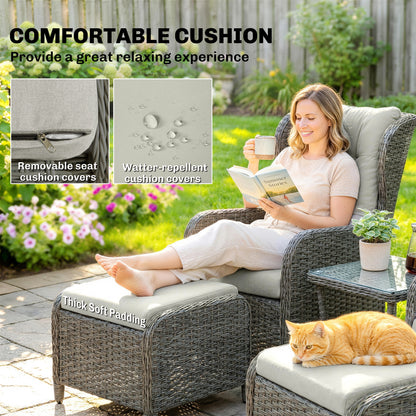 Rattan Reclining Garden Chair Set of 2 with Footstool and Cushion for Balcony, Cream