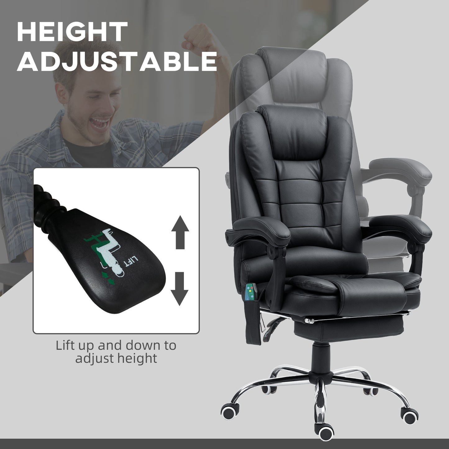 Office Chair with 6 Point Massage and Back Heat, PU Desk Chair with Footrest Adjustable Height and Swivel Wheels