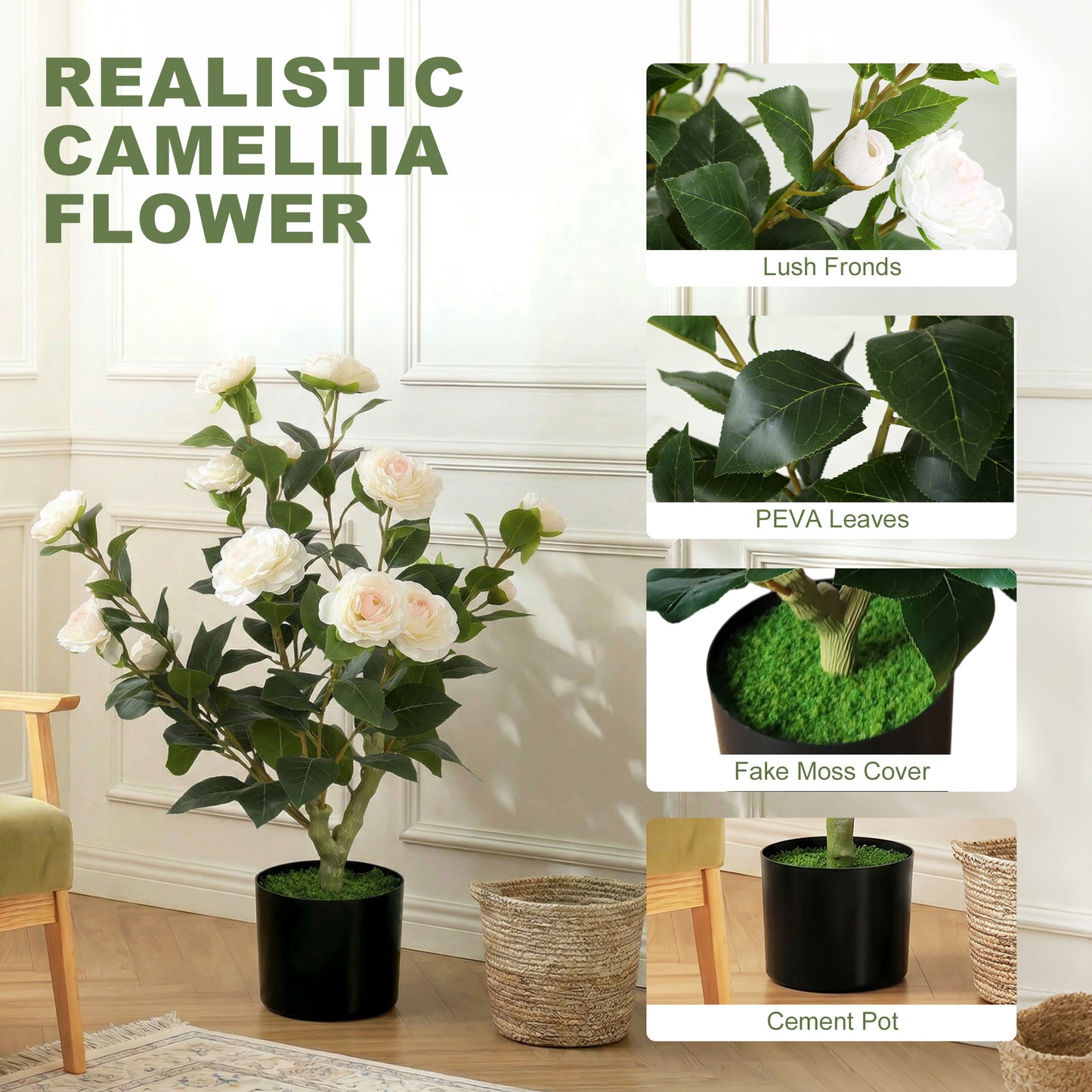 65cm Artificial Camellia Flower Plant in Pot with 116 Lush Leaves & Moss Effect, White