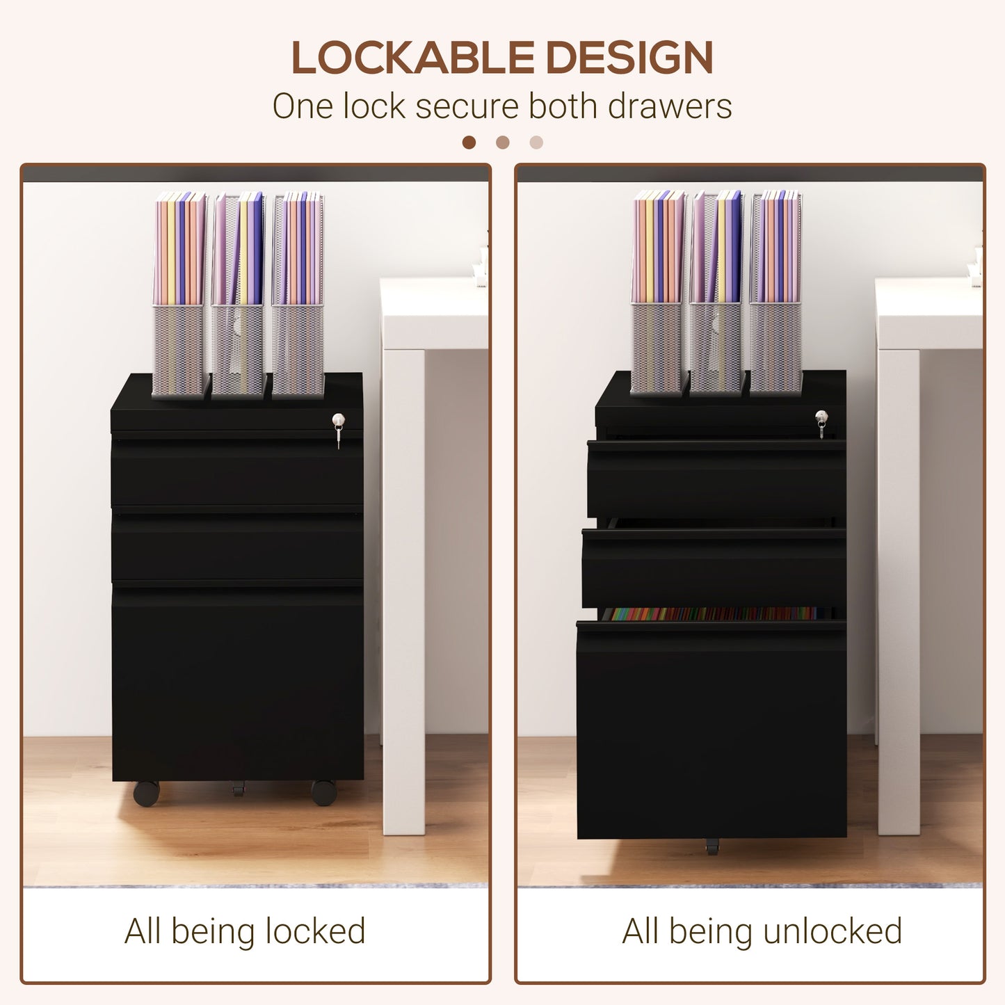 3-Drawer Filing Cabinet with Lock, Mobile Steel File Cabinet for A4, Legal and Letter Size, Under Desk Drawers
