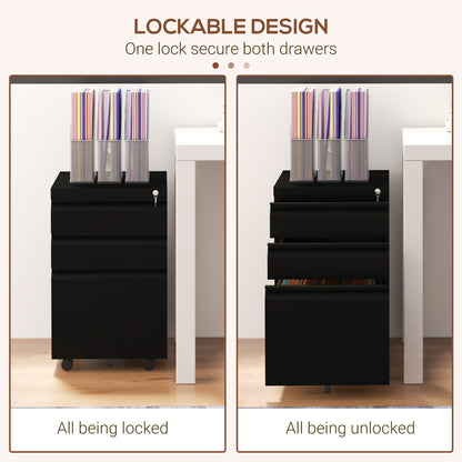 3-Drawer Filing Cabinet with Lock, Mobile Steel File Cabinet for A4, Legal and Letter Size, Under Desk Drawers