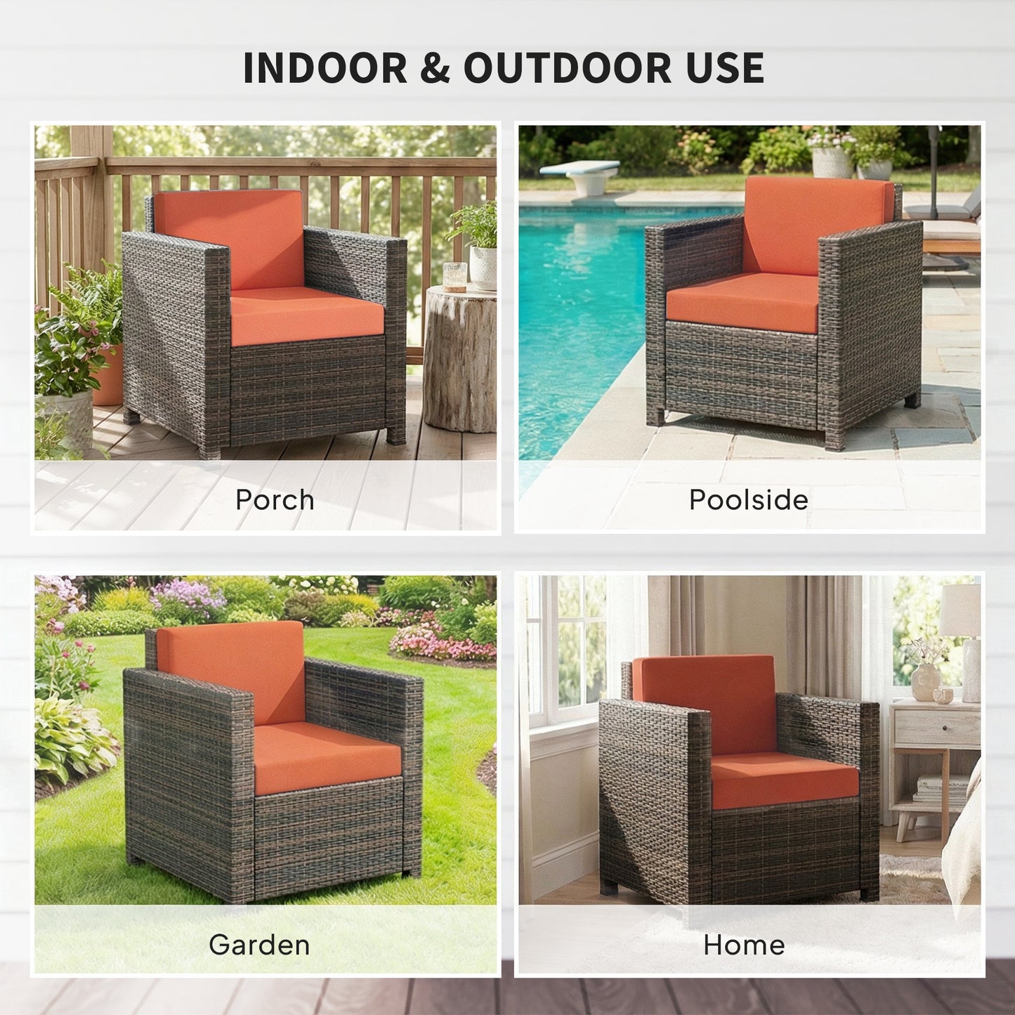 PE Rattan Garden Armchair with Cushion - Mixed Brown/Orange