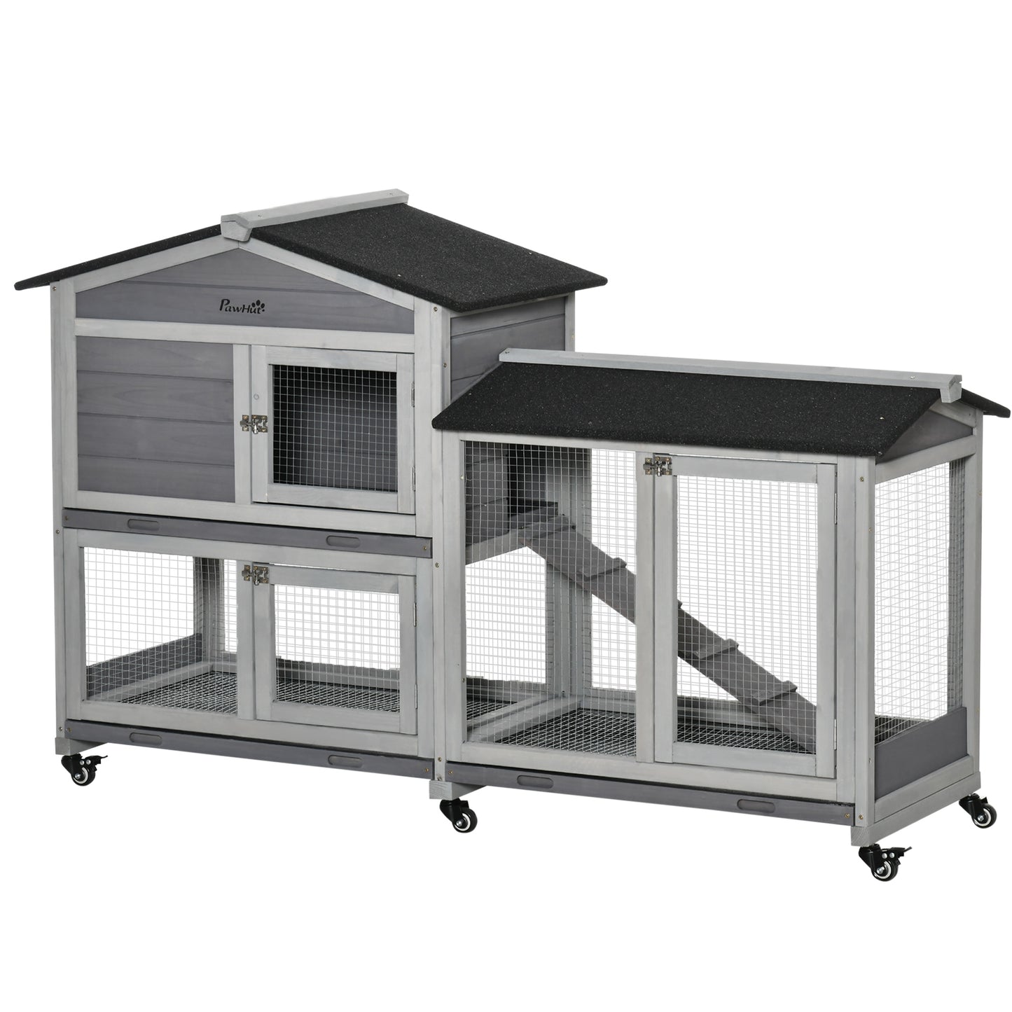 Wooden Rabbit Hutch, Guinea Pig Cage, with Wheels, Run, Slide-Out Tray, Ramp